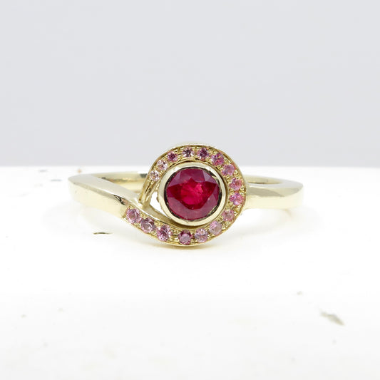 Ruby and pink sapphire engagement ring